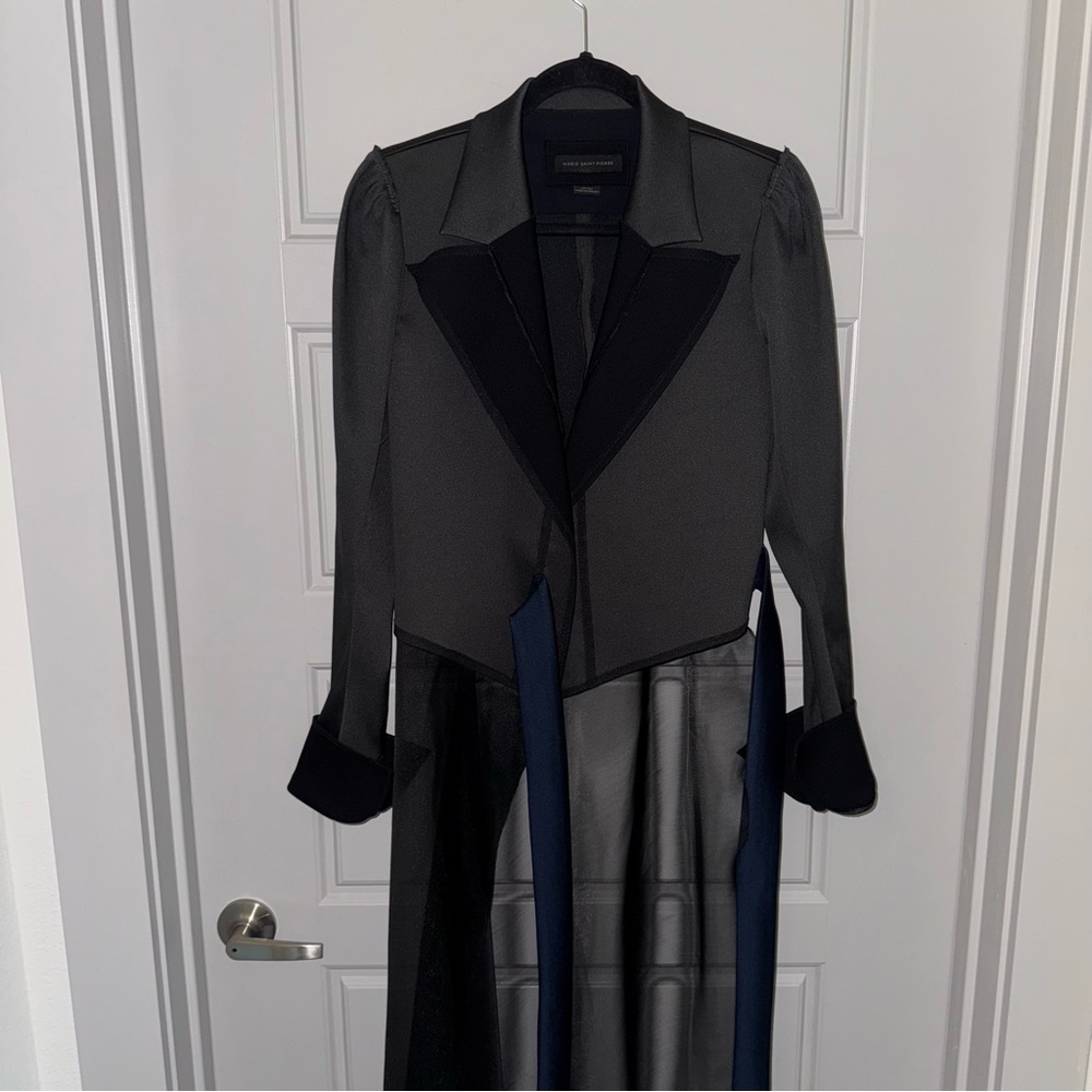 Designer Marie Saint Pierre Asymmetric Statement Long Coat Black & Navy 2 🖤 - Picture 6 of 13